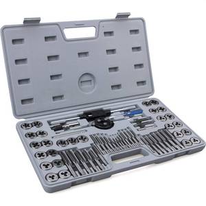 lot 28975 image: 60-Pc Master Tap and Die Set - Include SAE Inch Size #4 to 12 and Metric Size M3 to M12, Coarse and Fine Threads  Essential Threading Rethreading Tool Kit with Complete Accessories and Storage Case - Retail $40