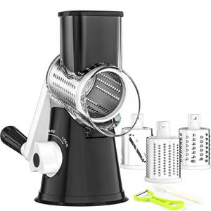 lot 28981 image: Rotary Cheese Grater Hand Crank, Kitchen Shredder Speed Mandolin Slicer Nuts Grinder with Handle and Drum Blades for Cheese, Vegetable, Walnut, Chocolate, Potato, Carrot, 3 Blades, Black - Retail $26