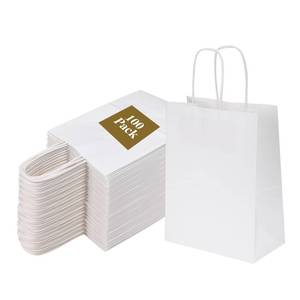 lot 28982 image: 100 Pack 5.95x3.25x8 Inch Small White Paper Bags with Handles Bulk, Kraft Paper Gift Bags for Birthday Party Favors Grocery Retail Shopping Business Goody Merchandise Craft Blank Sacks (100pcs) - Retail $24