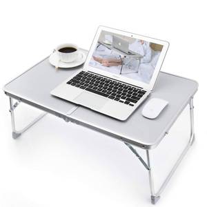 lot 28986 image: Foldable Laptop Table for Bed Lightweight Breakfast Bed Tray Portable Mini Picnic Storage Space Standing Holder, Folding Leg Desk Notebook Lap Table for Kids Reading -Silver - Retail $30