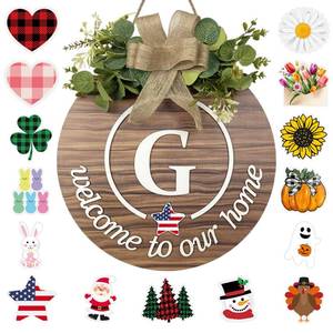 lot 28988 image: Interchangeable Seasonal Monogram Letter G Welcome Sign Front Door Decor Wooden Wreaths for Front Door Wreath Rustic Initial House Warming Porch Wall Home Decorations for All Seasons - Retail $20