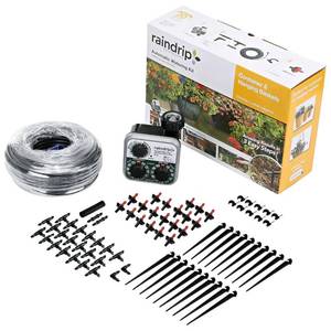 lot 28991 image: Raindrip R560DP Drip Watering System, Automatic Drip Irrigation System with Timer for Containers and Hanging Baskets, Waters up to 20 Plants, Includes 20 Drippers, Black - Retail $50