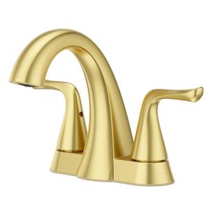 lot 28994 image: Pfister Willa Bathroom Sink Faucet 4 inch Centerset 2-Handle 3-Hole Vanity Faucet NSF Certified Brushed Gold Finish with Push & Seal Drain and TiteSeal Mounting Technology LF048MALBG - Retail $104