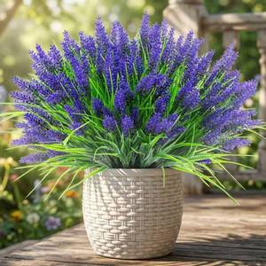 lot 29005 image: 22 Pcs Artificial Outdoor Flowers UV Resistant Lavender Fake Greenery Plants Grass with Purple Flowers for Pot Decor for Window Garden Patio Hanging Planter Pathway Front Porch (22, Purple) - Retail $18