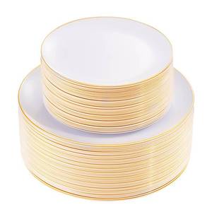 lot 29008 image: 100PCS White Plates with Gold Trim - Plastic Disposable Plates - Includes 50Pieces 10.25inch Dinner and 50Pieces 7.5inch DessertSalad Plastic Plate for Wedding ReceptionsPartyThanksgiving - Retail $33