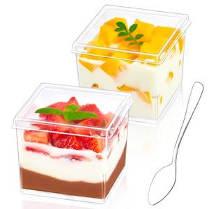 lot 29009 image: 50 Pack 5 oz Mini Square Dessert Cups with Lids and Spoons, Clear Plastic Parfait Cups Small Shooter Cups for Appetizer Puddings Mousse Ice Cream Fruit - Retail $21