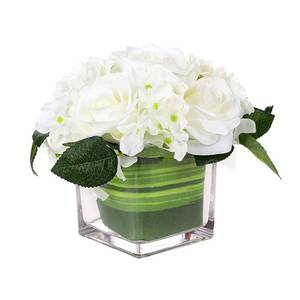 lot 28821 image: White Silk Rose & Hydrangea in Glass Vase, Low Arrangement for Table - Retail $17