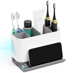 lot 28829 image: Toothbrush Holders for Bathrooms, Adjustable 6 Slots Electric Toothbrush and Toothpaste Holder, Cord-Friendly Detachable Bathroom Countertop Organizer with Front Ledge for Phone and Ring Holder - Retail $12