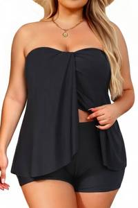 lot 28839 image: Plus Size Bandeau Tankini Swimsuit for Women Two Piece Halter Swim Top with Shorts Flyaway Tummy Control Bathing Suits Black 18 Plus - Retail $40