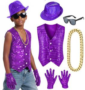 lot 28842 image: Kids Dance Hip Hop Jazz Costume Boys Sequin Vest Hat Sunglasses Set for Dance Party 6-7 Years Purple - Retail $15