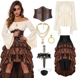 lot 28843 image: Pirate Costume Women Outfits Renaissance Corset Steampunk Skirt Top Pirate Accessories Full Halloween Costume (Eye Patch, all Necklaces and ear ring Not Included) - Retail $40