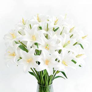 lot 28848 image: 20Pcs Artificial Lily Real Touch Flowers Fake Latex Lily Flowers White Mini Lily for Wedding Home Decoration Small Easter Lily - Retail $22
