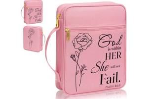 lot 28874 image: Bible Cover for Women, Bible Holder, Bible Cover Carrier Carrying Organizer Bag, Zipper and Pockets for Standard Size Bible, Gift for Women boy (Pink-Rose) - Retail $15