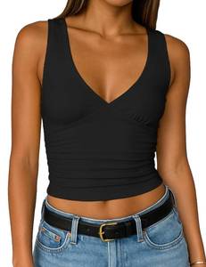 lot 28876 image: Womens Deep V Neck Crop Tank Tops Going Out Double Lined Sexy Crop Top Sleeveless Slim Fit Y2k Summer Tops Black,L - Retail $25