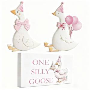 lot 28891 image: 3 Pcs One Silly Goose Birthday Decorations Girls Wooden Table Centerpiece Silly Goose Baby Shower Decor for Tiered Tray Desk Party Supplies��Pink�� - Retail $15