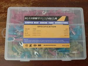 lot 28893 image: 330pcs Heat Shrink Fork Connectors Assortment 150pcs red A.W.G 22-16, 120pcs blue A.W.G 16-14, and 60pcs yellow A.W.G 12-10 - Retail $26