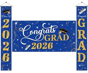 lot 28910 image: Class of 2026 Graduation Decorations, 3 Pcs Blue Gold Congrats Grad Banner and Backdrop Set with 1 Photo Backdrop and 2 Hanging Banners for Indoor Outdoor Party Decor - Retail $14