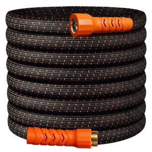 lot 28919 image: 10FT Lightweight Garden Hose,Flexible Water Hose,Kink-Free,Leak-Proof,Swivel Handle Non-Slip,All-Weather 34 in. Lead-in Hose for RV,Boat,Car Wash,Garden,Yard,Camper,Outdoor (Orange-Black,10 Ft) - Retail $14