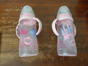lot 28934 image: NUK Baby Bottles with Handles Pink Princess Castle Design 2-Pack - Retail $15