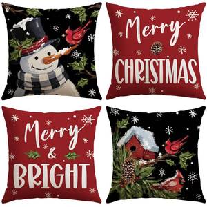 lot 28949 image: Set of 4 Christmas Pillow Covers 18x18 Inch Snowman Winter Red Bird Throw Pillow Covers Holiday Cushion Cases Decoration for Sofa Home Couch Bed (Snowman Bird Red) - Retail $8