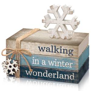 lot 28954 image: 4 Pcs Table Decorations Tiered Tray Decorations Mini Wooden Books Signs for Office Shelf Classroom Tabletop Bookshelf(Snowfake) - Retail $14