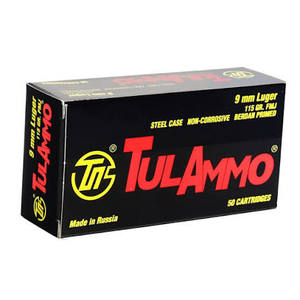 lot 27949 image: Tula Ammo 9mm Luger (9x19mm) 115-grain Full Metal Jacket (FMJ) steel-cased, non-corrosive, Berdan-primed ammunition - 41 Ct