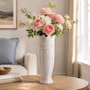 lot 21019 image: hjn White Ceramic Vase - French Flower Vase, Tall Vintage Vase, 11.6 in