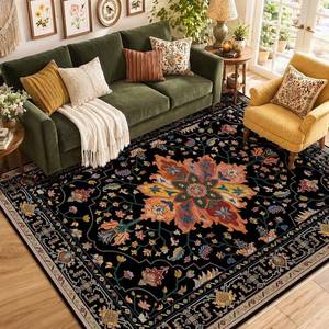lot 21056 image: RELEANY Washable Area Rug 5x7 BlackColorful, Non-Slip, Water-Repellent