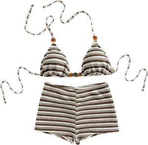 lot 21077 image: BEAUDRM Womens 2-Piece Bikini Sets, Y2K Striped Boyshorts, High-Waisted- Medium