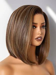 lot 21080 image: GORGIUS Brown Highlight Bob Lace Front Wig, Glueless, Straight, 12 Inch