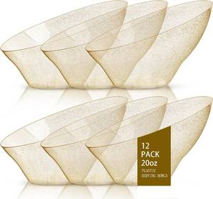 lot 21100 image: bUCLA 12 Pack Gold Glitter Plastic Serving Bowls, 20 oz - Angled Disposable