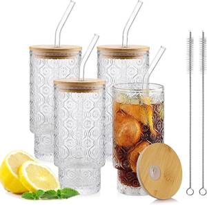 lot 21141 image: 16oz Glass Cups with Lids & Straws, 4-Pack Vintage Tumblers Begonia Flower