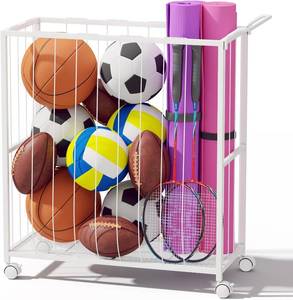 lot 21142 image: Homsorout Ball Storage Bin Rolling Cart, White Metal Garage Organizer
