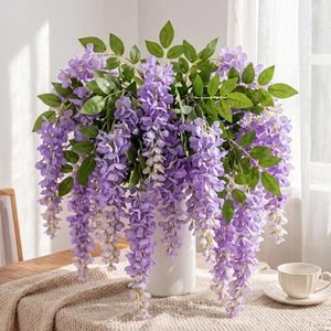 lot 21156 image: 6 Pcs Artificial Wisteria Stems, 47.2-In Hanging Flowers, Purple