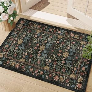 lot 21167 image: DUKINO 2x3 Entryway Rug, Washable Vintage Floral, Black, Non-Slip, Low Pile