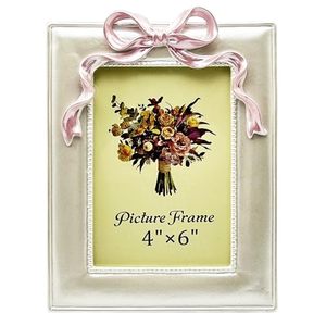 lot 21213 image: JANDERART 4x6 Pink Bow Picture Frame, Pearly White, Wall or Tabletop Decor