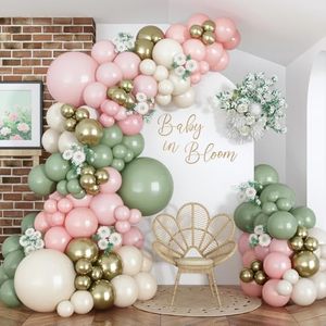 lot 21220 image: Baby in Bloom Balloon Arch Kit, 134Pcs Dusty Sage & Pale Pink Floral Garland