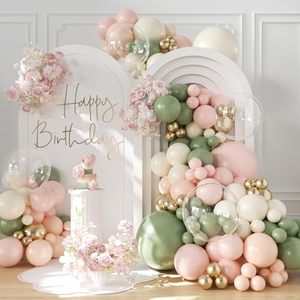 lot 21222 image: Sage Green and Pink Balloon Arch Kit, 132Pcs   Boho Wildflower Baby Shower