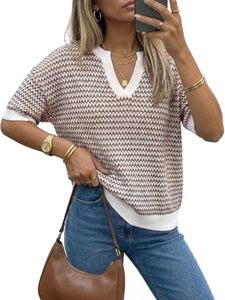 lot 21231 image: Arach&Cloz Womens Striped Short Sleeve Sweater, 100% Cotton, V-Neck medium