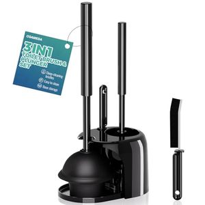 lot 21305 image: 3-in-1 Toilet Brush and Plunger Set with Crevice Brush, Long-Handle, Black