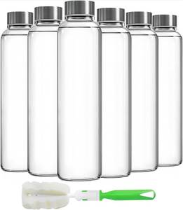 lot 21325 image: Epica Clear Glass Bottles with Lids 18oz Water Bottles, Steel Cap, 6-Pack