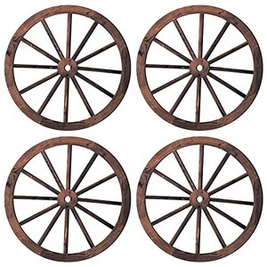 lot 21361 image: Qunclay 4 Pcs Wagon Wheel Decor, Wooden Vintage Western Rustic Yard Wall