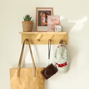 lot 21362 image: Small Entryway Shelf with Hooks - Wall Mounted Coat Rack with Shelf (Oak)