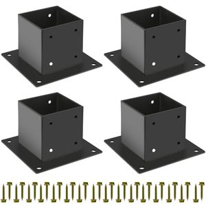 lot 21374 image: 4x4 Post Base Set (4 Pcs), 3.5x3.5in Steel Fence Anchor, Black Powder Coat