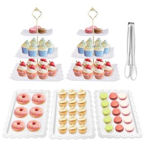 lot 21381 image: 6 Piece Cupcake Stand Set 2   3-Tier Stands, 3 Appetizer Trays, Tongs