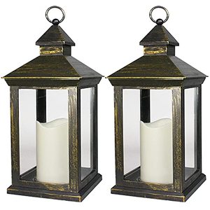 lot 21384 image: 2-Pack 14-Inch Vintage Candle Lanterns with Timer, IP44 Waterproof