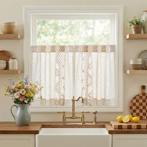 lot 21403 image: jinchan Beige Floral Linen Kitchen Curtains 24 Inch, Back Tab, 2 Panels