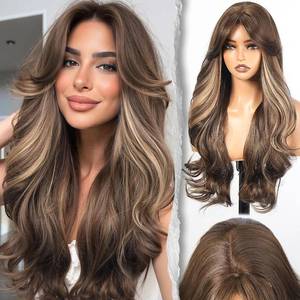 lot 21431 image: PuffPro Latte Brown Balayage Wig with Bangs, Long Wavy, 4x4 Parting