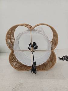 lot 19769 image: Woven Rattan Pendant Light Fixture with White Shade