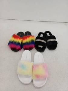 lot 19817 image: Fuzzy Slide Slippers Bundle - 3 Pairs Assorted Colors